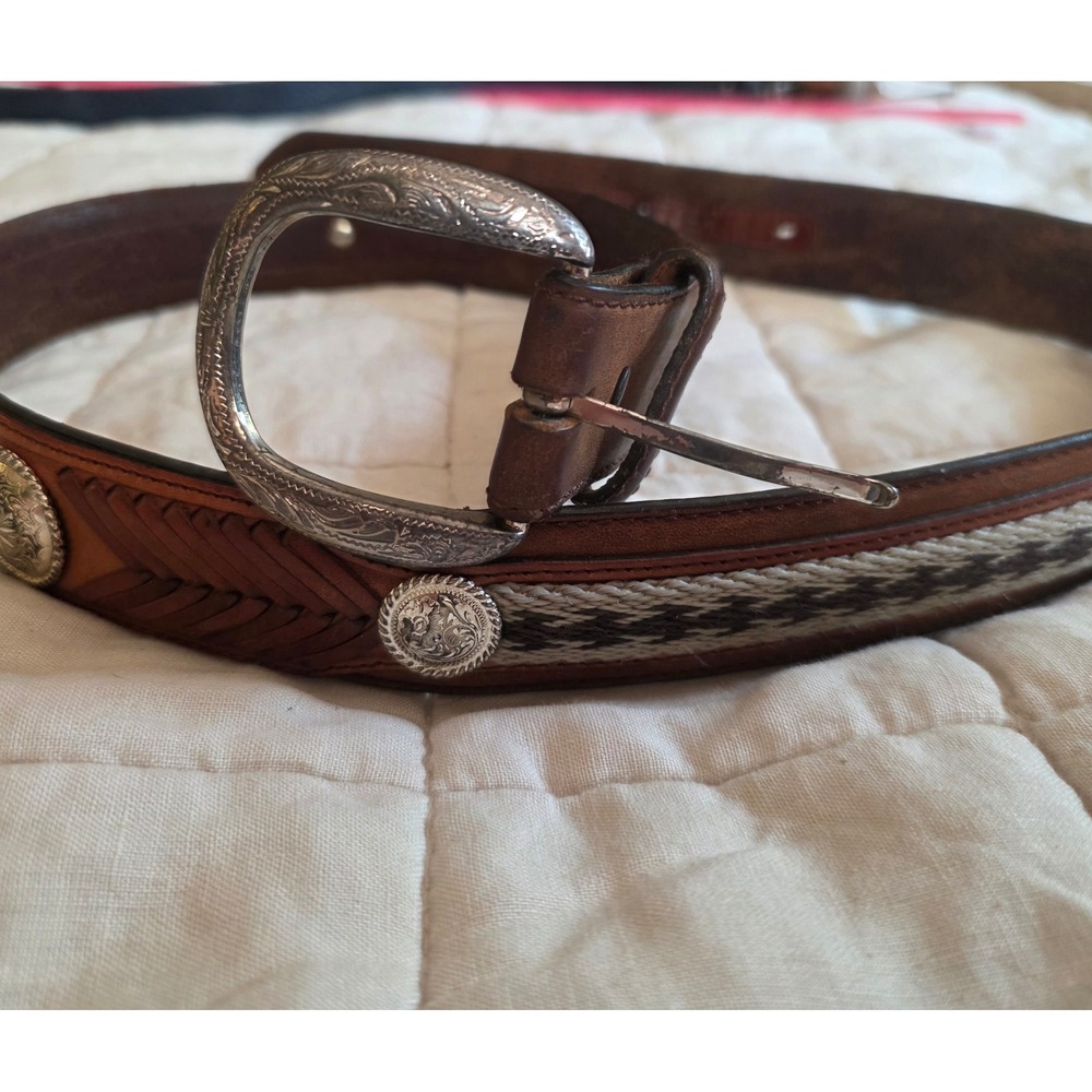 Tony Lama Belt Mens Brown Leather Horsehair Woven Inlay Concho Western Cowboy